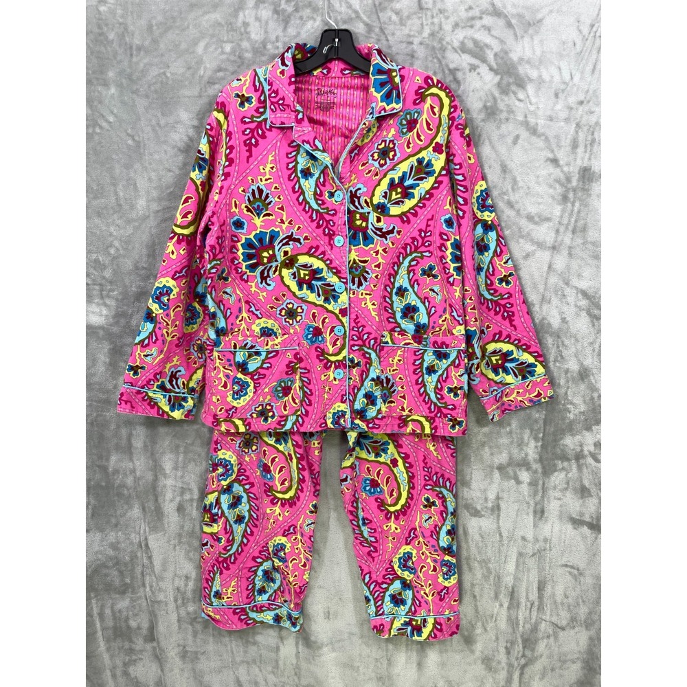 Nick & Nora PJ's Pajama's Set Large Shirt Pant Pink Flannel Long Sleeve Paisley